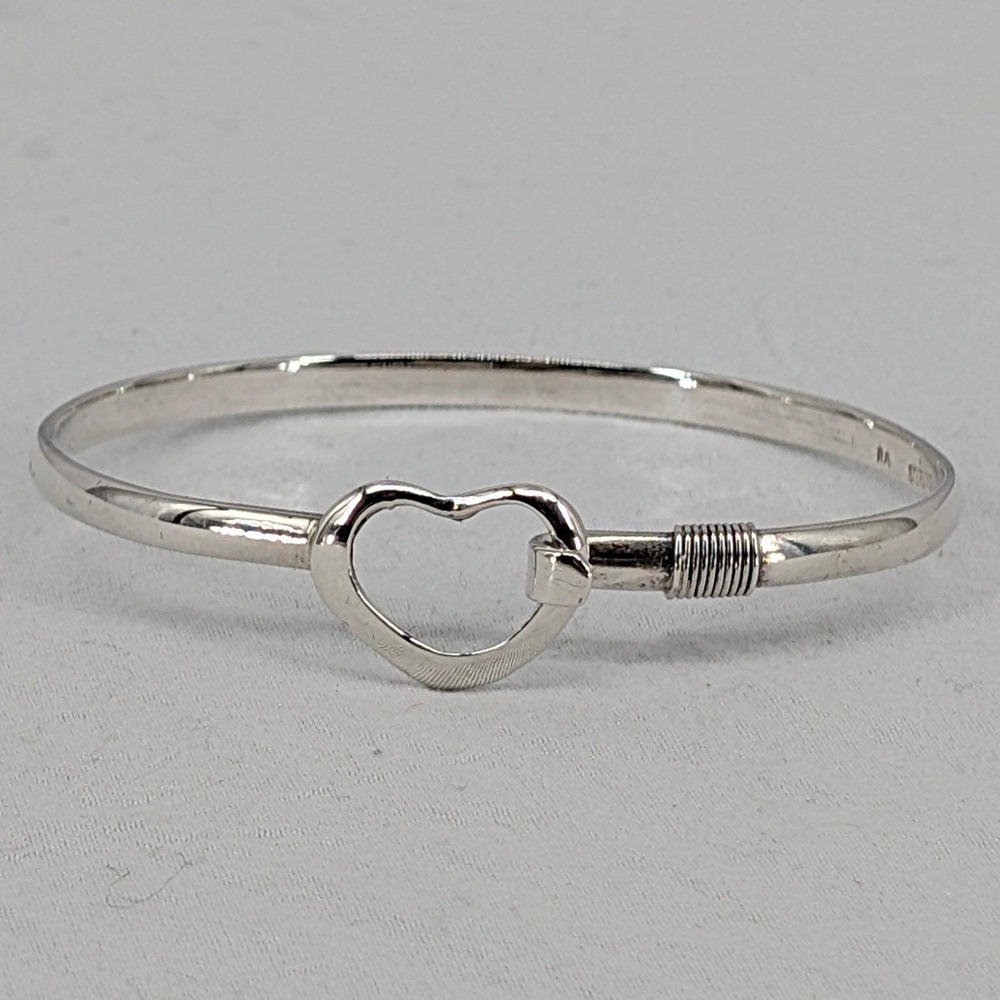 RA Sterling Silver Open Heart Hook Eye Bangle Bracelet 925 Heart Clasp 11g